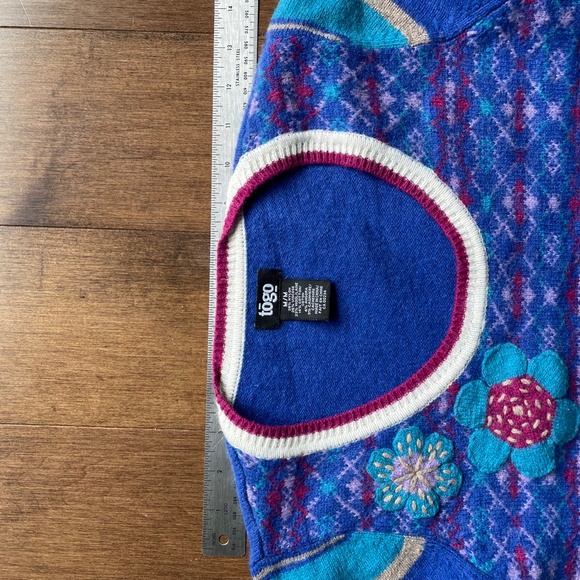 Vintage 80s Graphic Scoop Neck Sweater Periwinkle Blue Teal - Picture 6 of 9